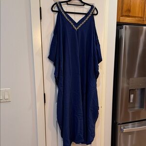 Blue V-Neck Kaftan with Gold Trim